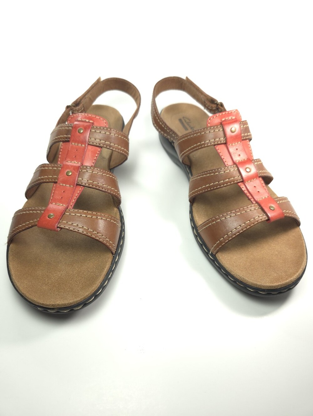 Clarks Leisa Daisy Tan Leather Slingback Sandals w/ Coral Accent Sz 12